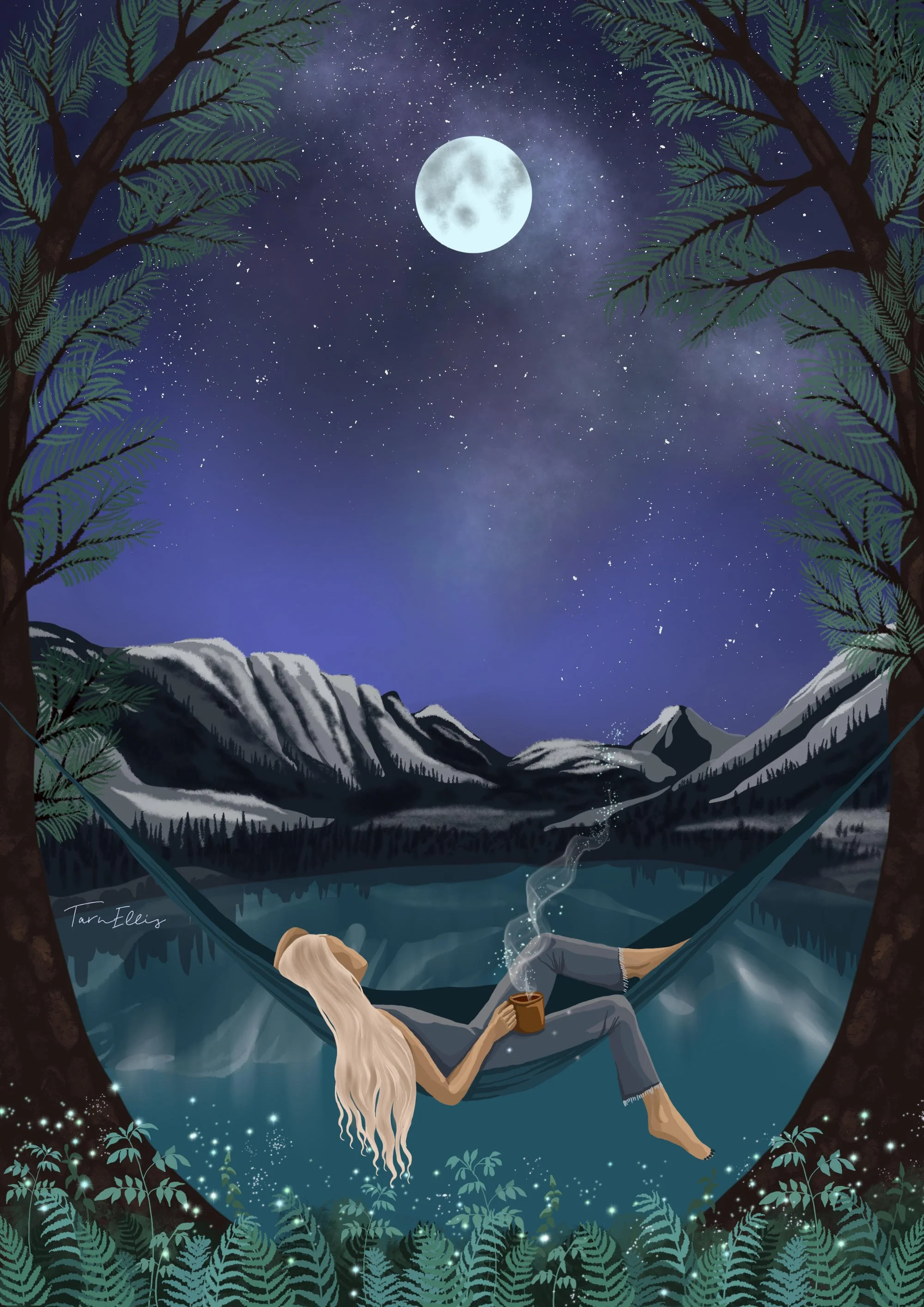 An artistic illustration of a person relaxing in a hammock while drinking coffee under a starry night sky with a full moon.