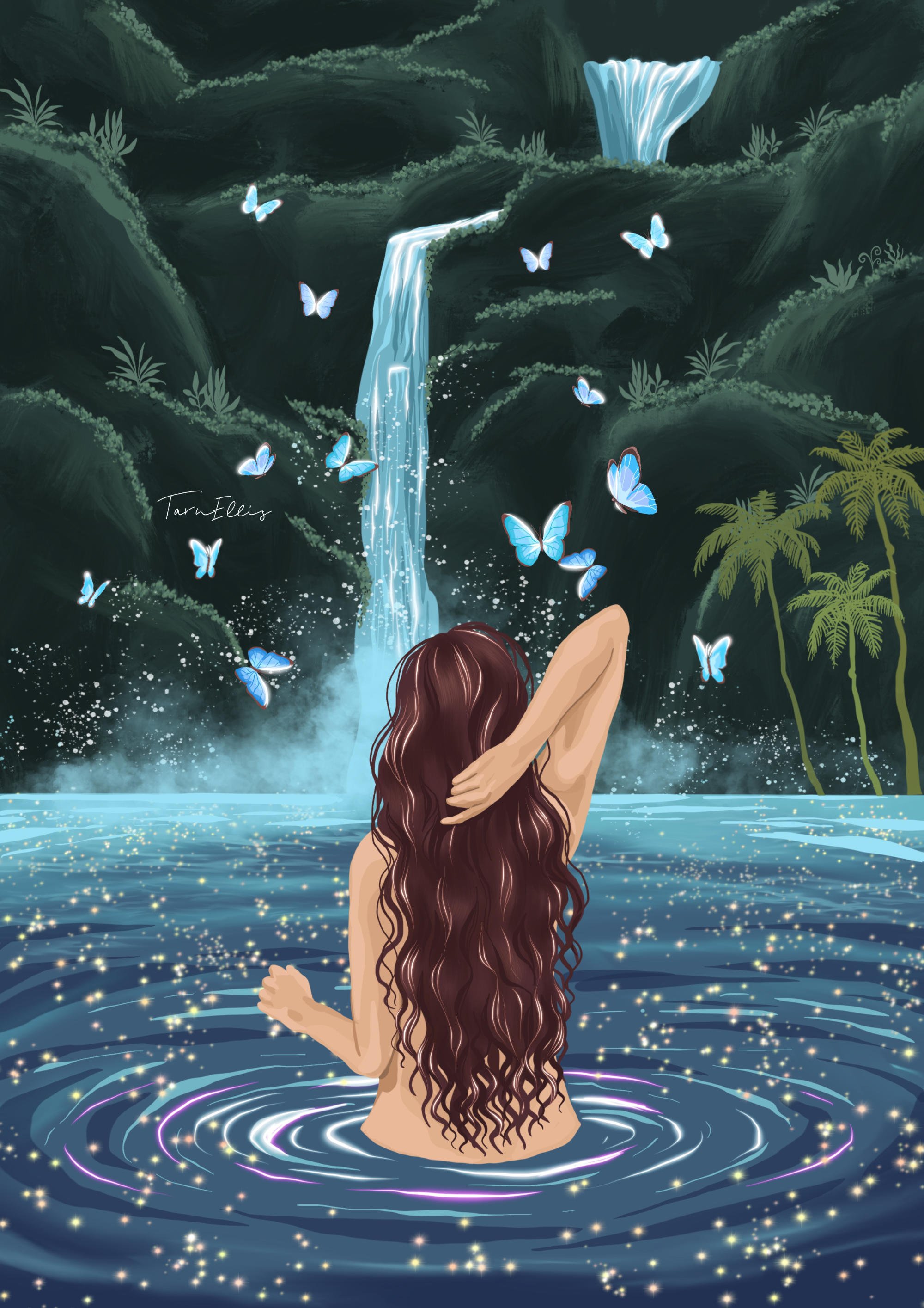 An artistic illustration of a person sitting in water, facing away, surrounded by sparkling lights. The background features a waterfall cascading into the water, lush green foliage, and several blue butterflies flying around.