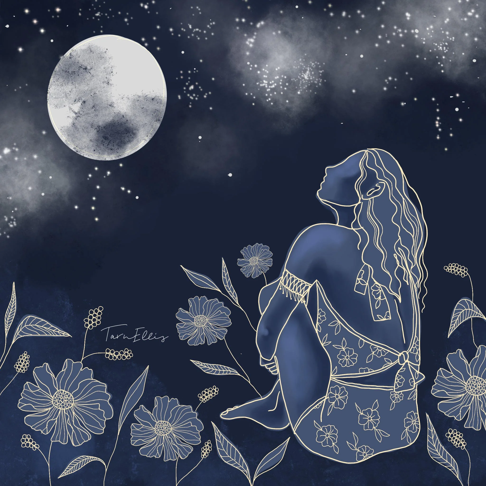 An artistic illustration of a woman's profile with long, flowing hair surrounded by flowers and leaves, set against a starry night sky with a large, textured moon.