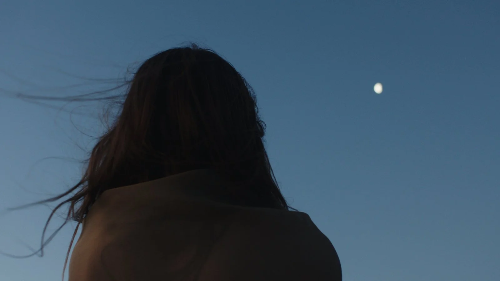 A person with long dark hair looking up at a clear evening sky with a visible moon.