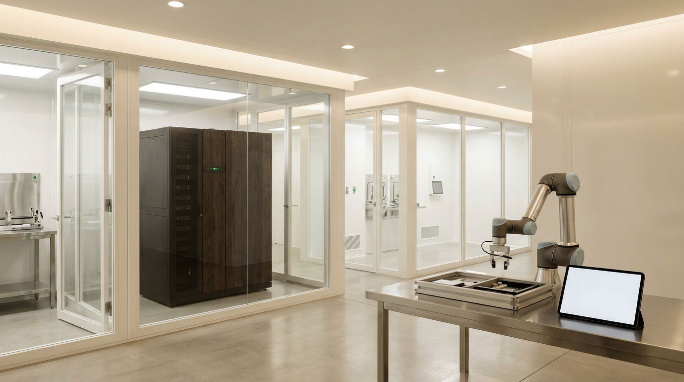 Robotic arm and tablet on worktable in clean lab with enclosed glass chambers and server racks.