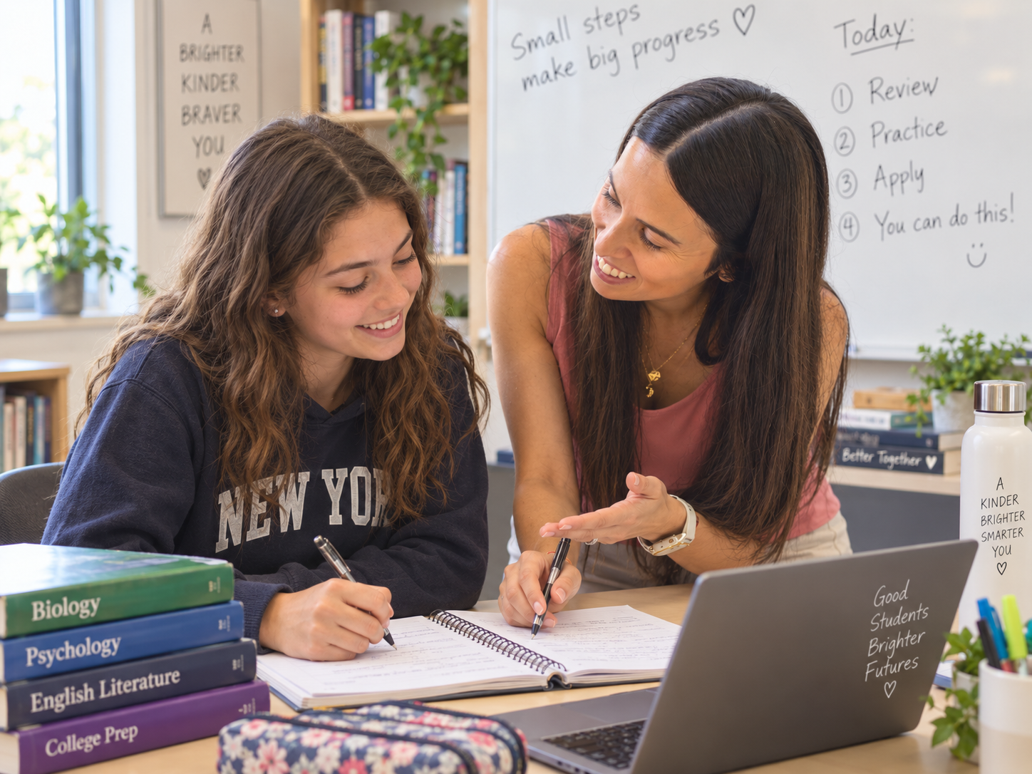 A teacher and student are smiling and discussing in a classroom, with textbooks, a laptop, and notebooks on the table.