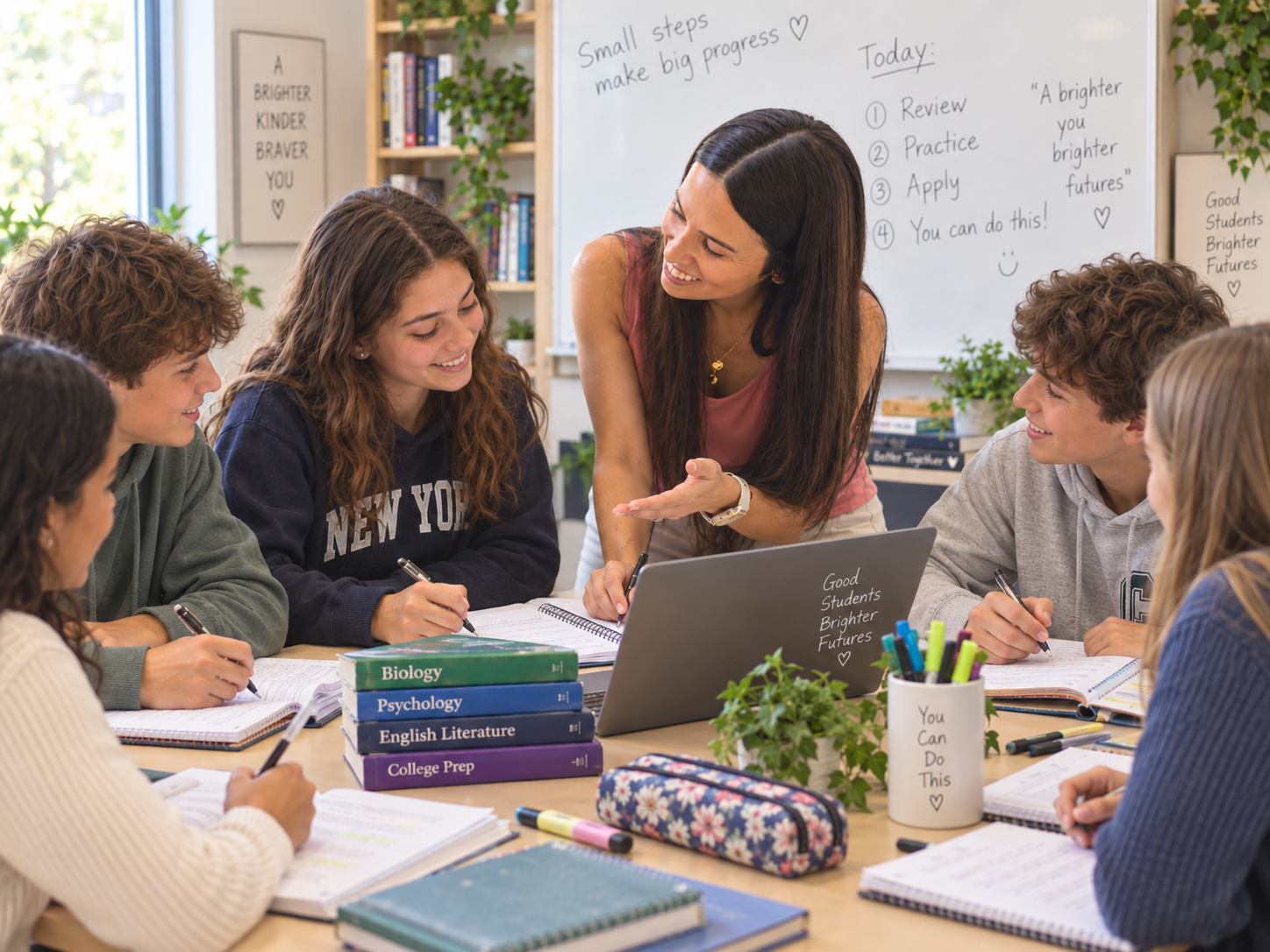 A teacher happily teaching a group of diverse students in a classroom. The teacher is engaging with students around a table with notebooks, textbooks, and a laptop. The classroom has motivational posters and a whiteboard with notes and goals visible.