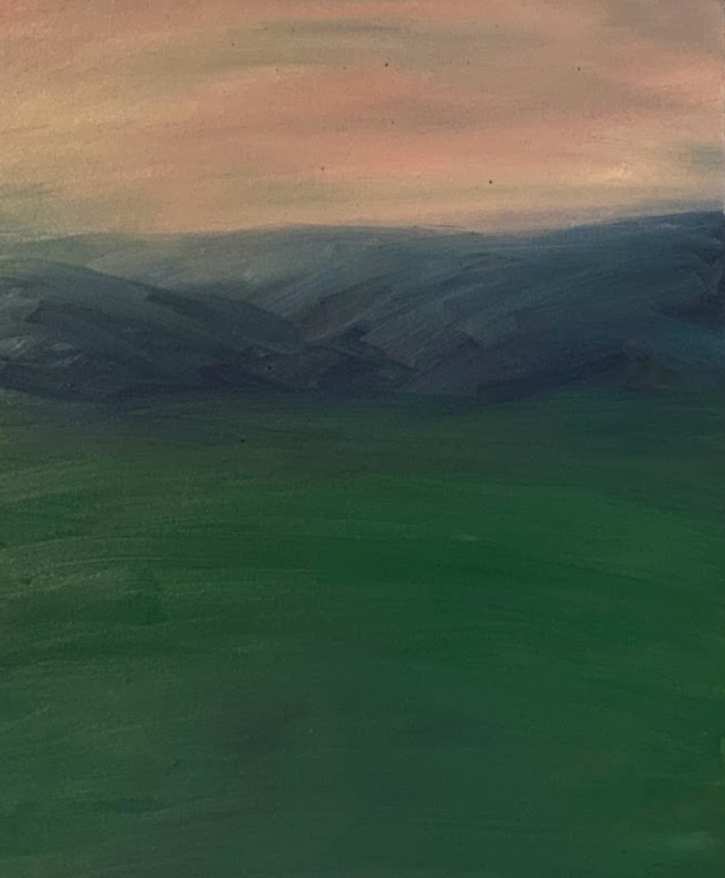 Abstract landscape painting with green grass in the foreground, dark blue mountains in the middle, and a soft pink and blue sky at sunset or sunrise.