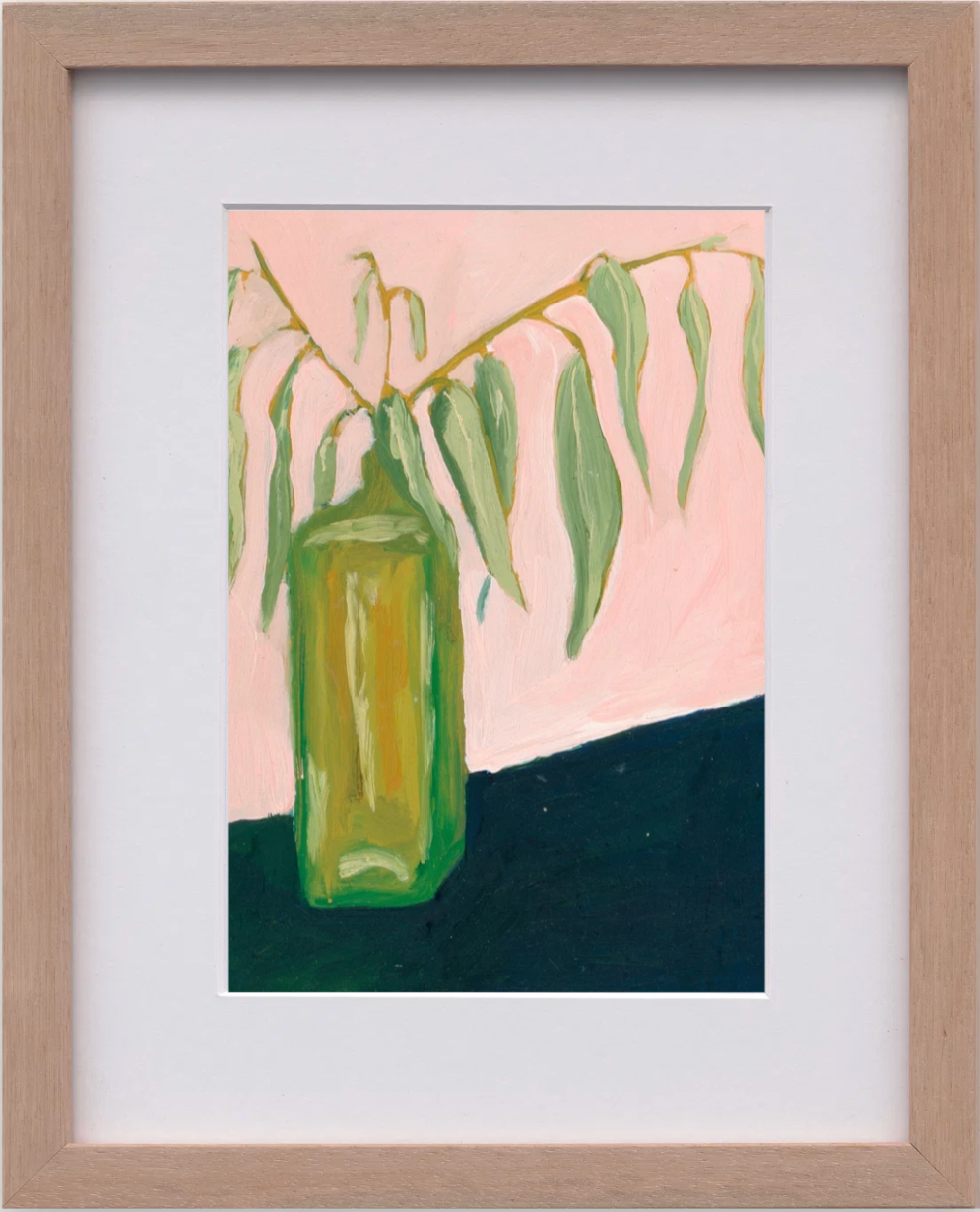 Painting of green leafy plant in a green vase on a dark surface against a pink background.