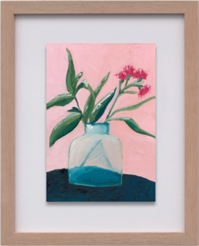 Painting of a potted plant with green leaves and pink flowers in a glass vase on a dark surface with a pink background.