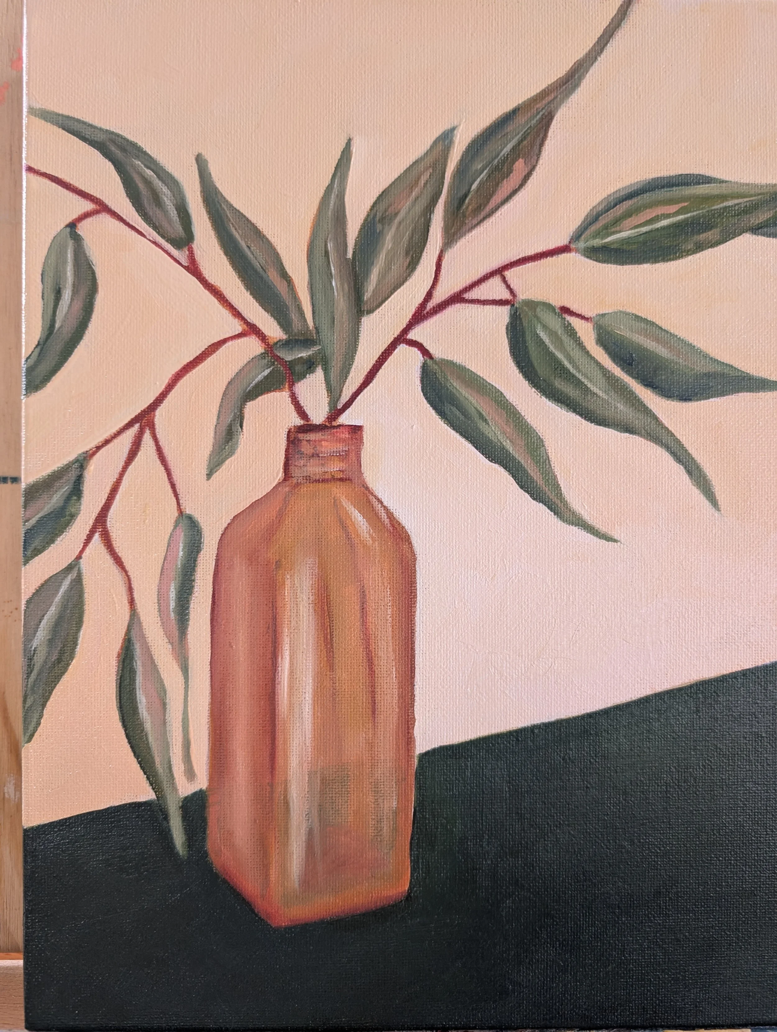 A painting of a brown vase with green leafy branches against a neutral background.