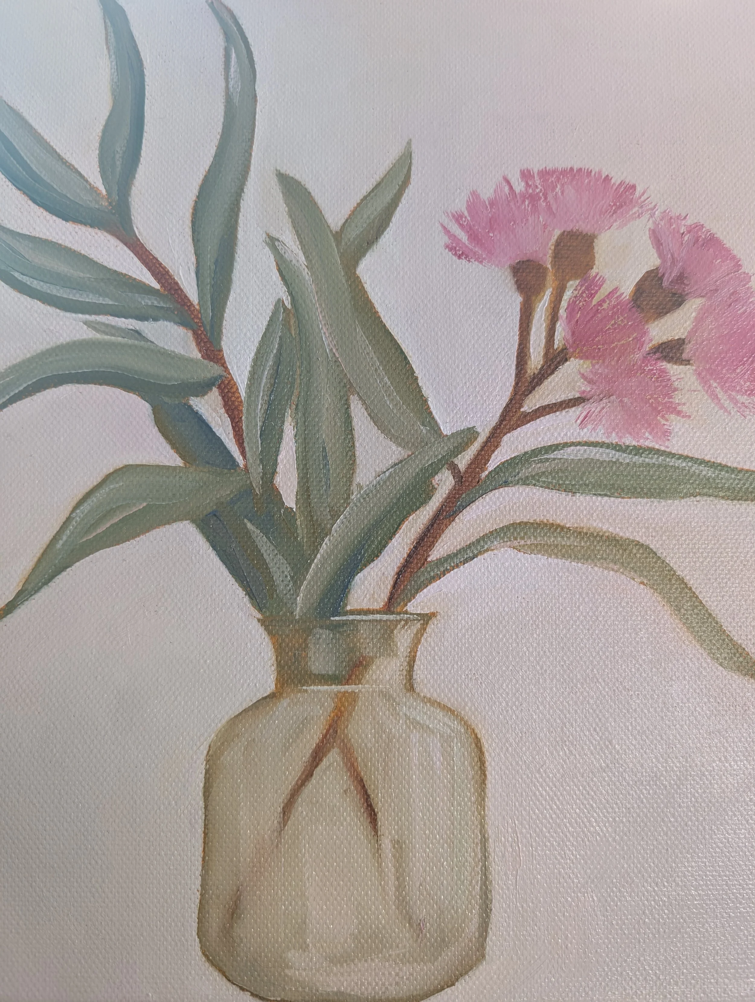 A watercolor painting of a pink flower with green leaves in a glass jar.