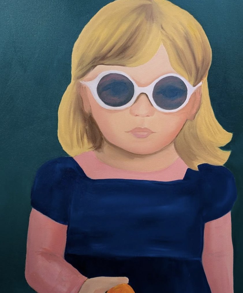 A painting of a young girl with blonde hair wearing large white sunglasses, a dark blue dress, and a pink long-sleeve shirt underneath, set against a teal background.