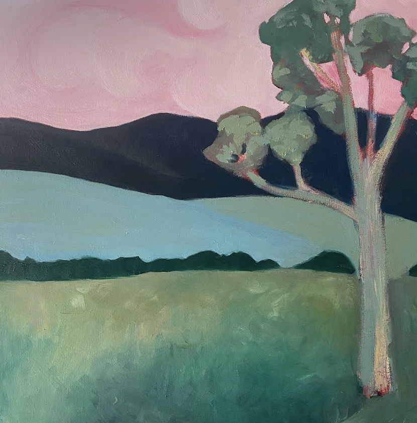A landscape painting featuring green grass, a large tree, rolling hills, and a pink sky.