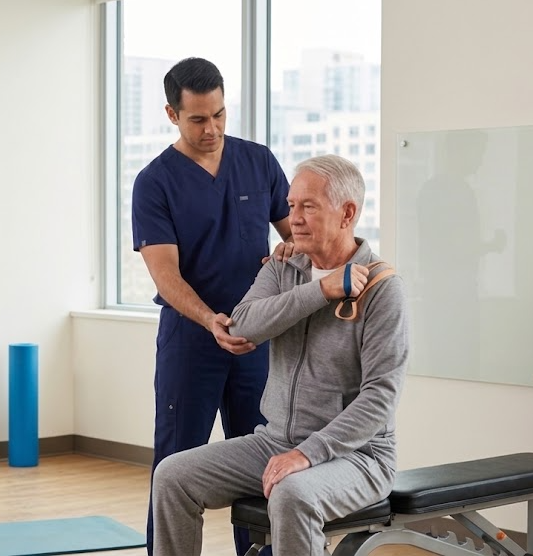 Physical therapist assisting an elderly man with shoulder exercises in a therapy room.