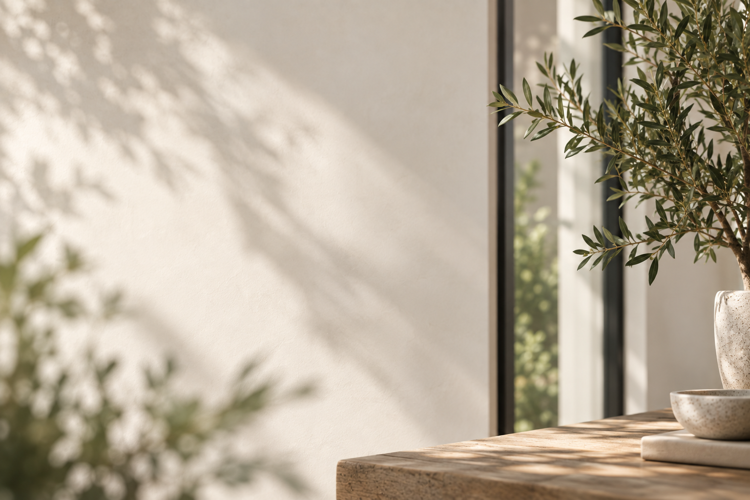 Sunlight and plant shadows in a bright home interior