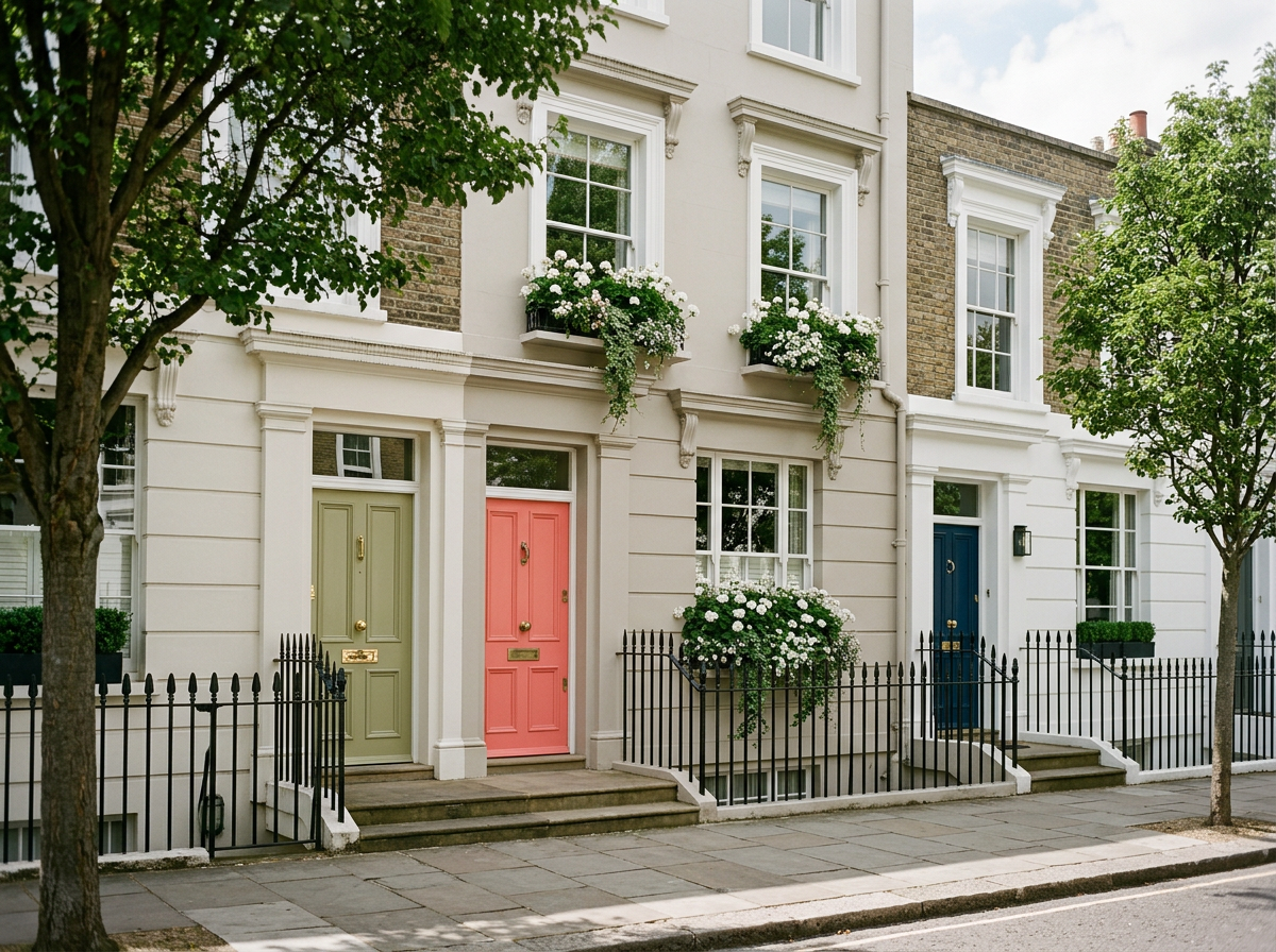 Colorful traditional townhouse with green, pink, and blue front doors, surrounded by trees and greenery,
