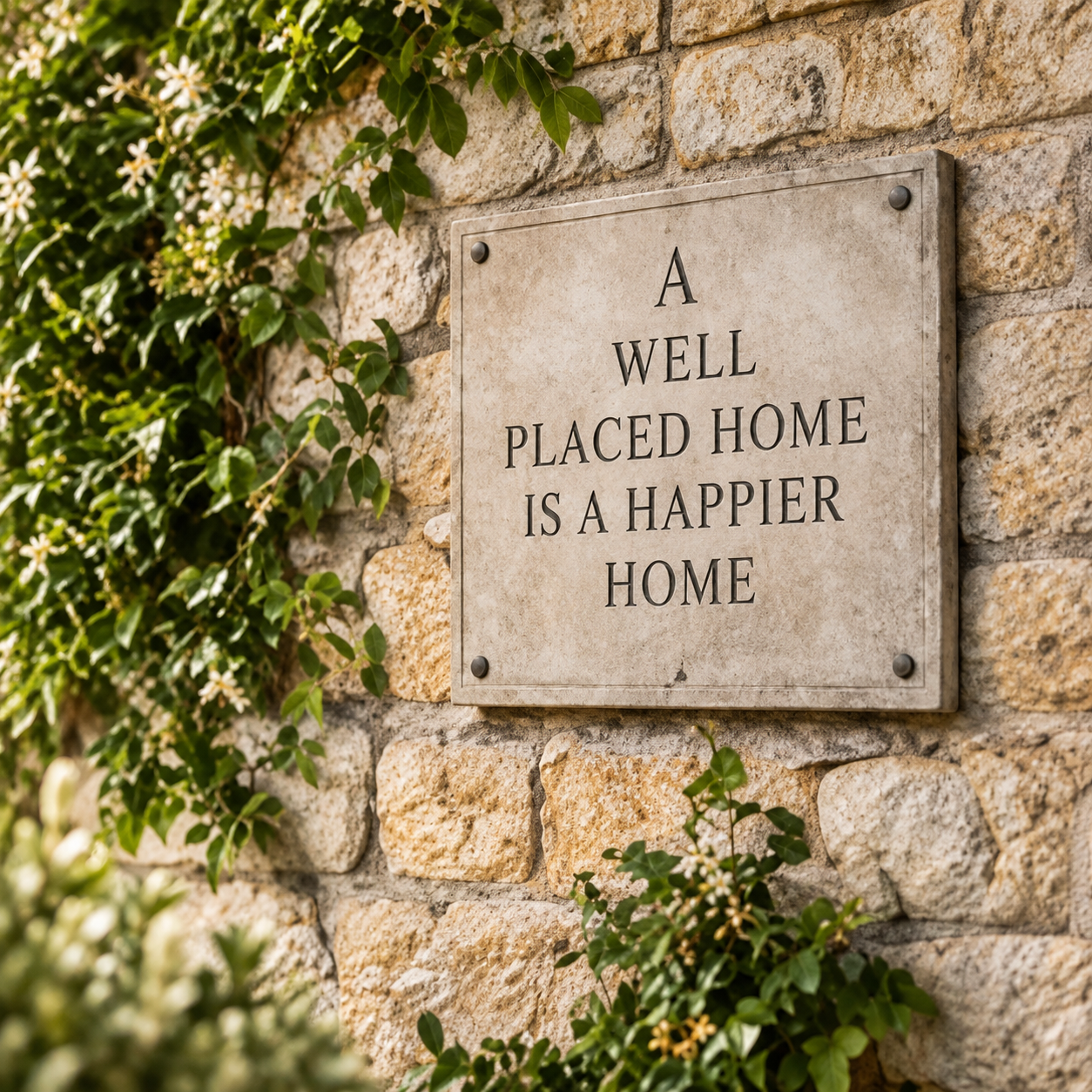 Well Placed & Co stone plaque that reads, 'A well placed home is a happier home,' surrounded by green ivy
