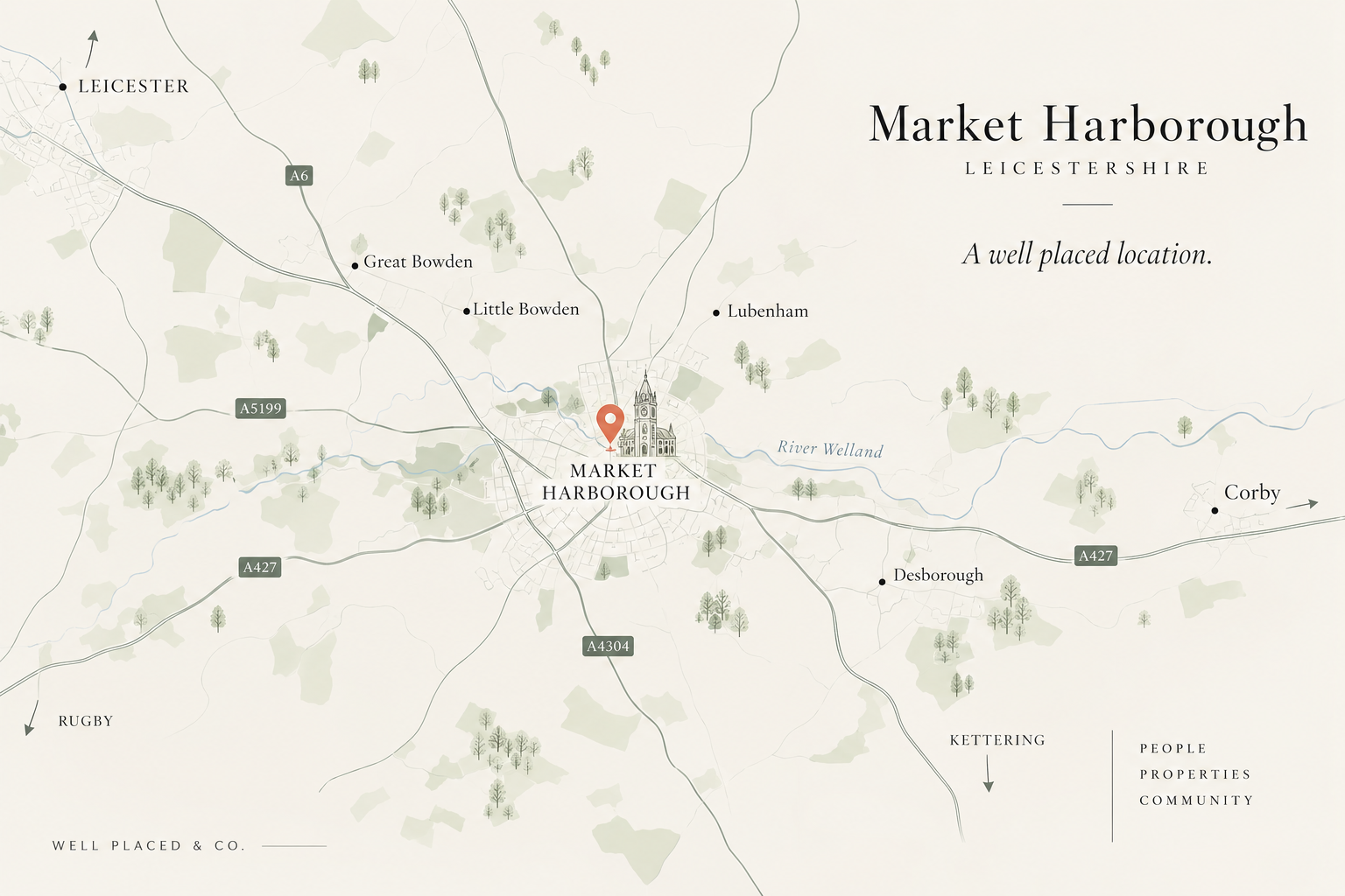 Map of Market Harborough and the surrounding including Great Bowden, Little Bowden, Lubenham and Kibworth in Leicestershire