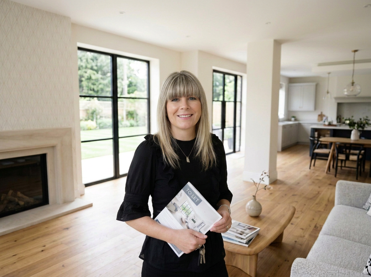 Property professional holding a Well Placed & co property brochure in a bright modern home.