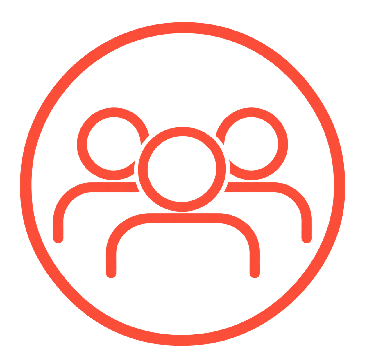 Red circle icon with stylized figures representing a group of people, symbolizing community or teamwork.