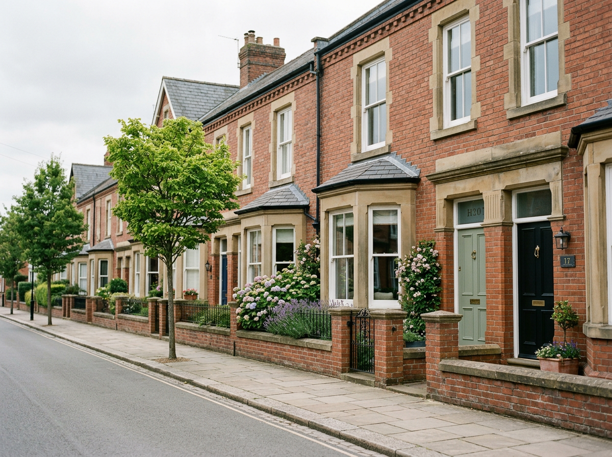 Row of traditional brick homes with bay windows and  front gardens in Market Harborough