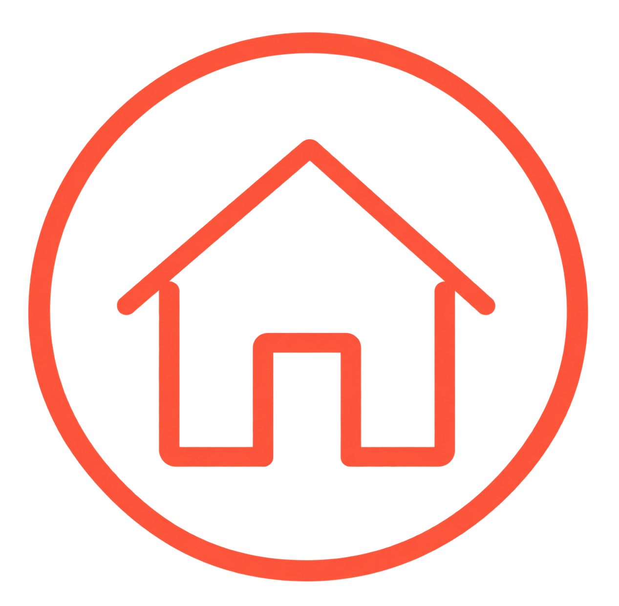 Red icon of a house inside a circle, symbolizing real estate or home.