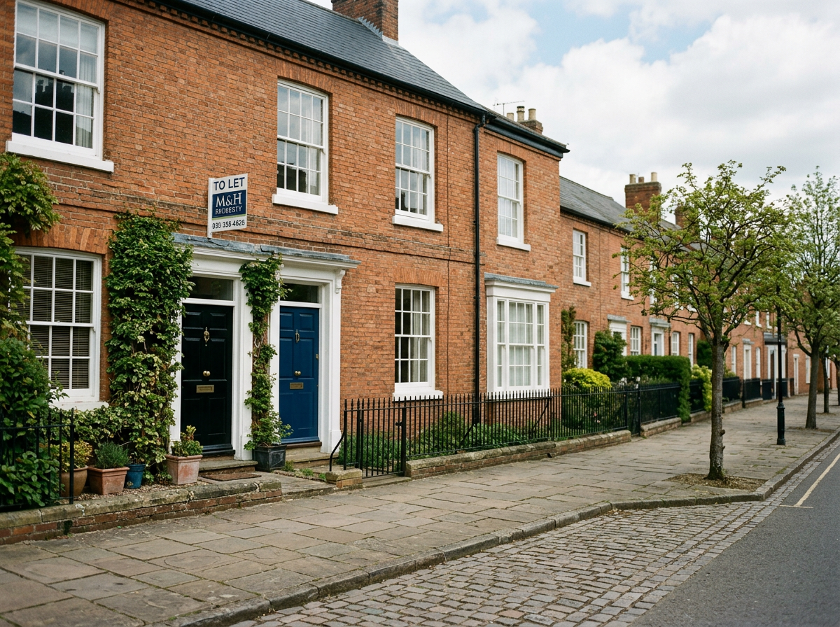 Row of brick residential houses with front gardens, large windows, and colorful doors, along a paved sidewalk with trees and lampposts.