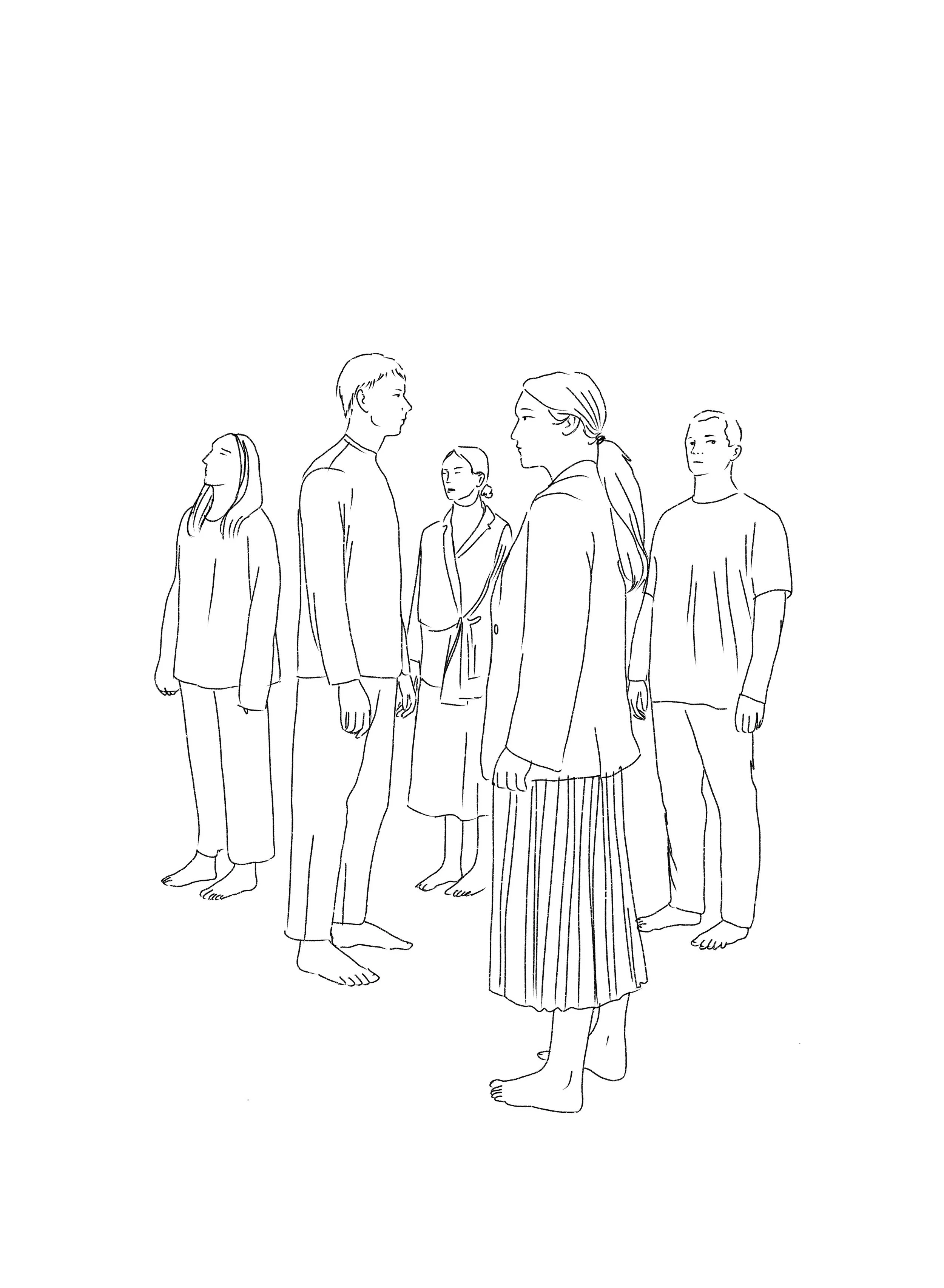 Een lijntekening van zes mensen in een familieopstelling, allemaal zonder schoenen, in casual en zakelijke kleding, twee staan in het midden met gescheiden blikken, de anderen kijken of kijken niet naar elkaar.
