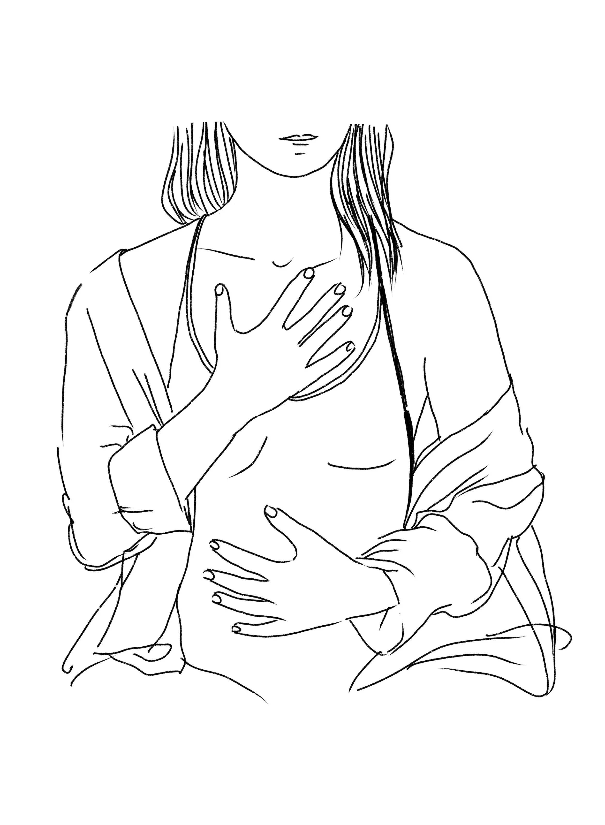 lijntekening van een vrouw die haar hand op haar borst houdt en met een andere hand haar buik houdt.