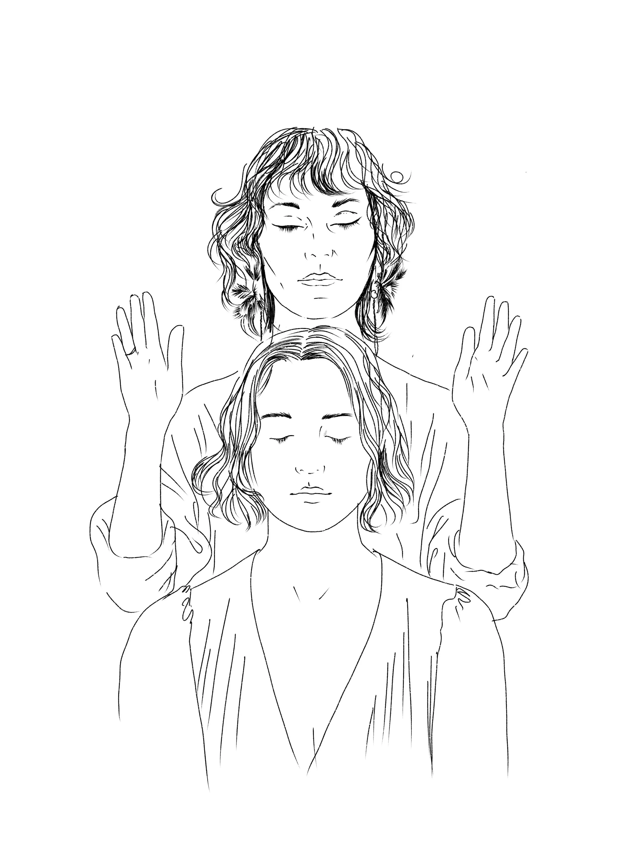 Een lijntekening van twee vrouwen, achter elkaar. De staande vrouw heeft dichte ogen, losse haren en een rustgevende uitdrukking, met haar handen omhoog en handen open.