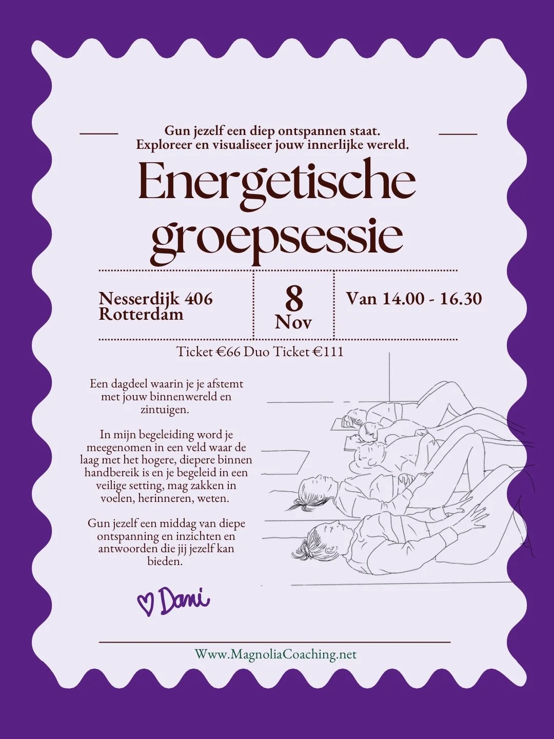 Een flyer voor een energieke groepssessie met een paar mensen die in een ontspanningspositie liggen, op een yogamat of bed, in een rustige setting.
