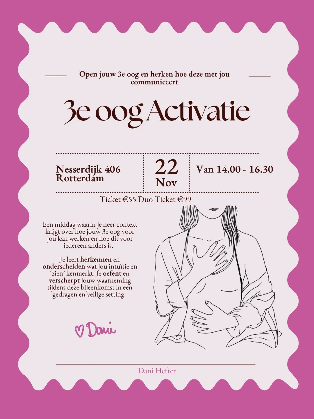 Uitnodiging voor 3e oog Activatie workshop in Rotterdam op 22 november, met details over tijd, locatie, ticketprijs, en een lijntekening van een vrouw die haar borst bedekt.