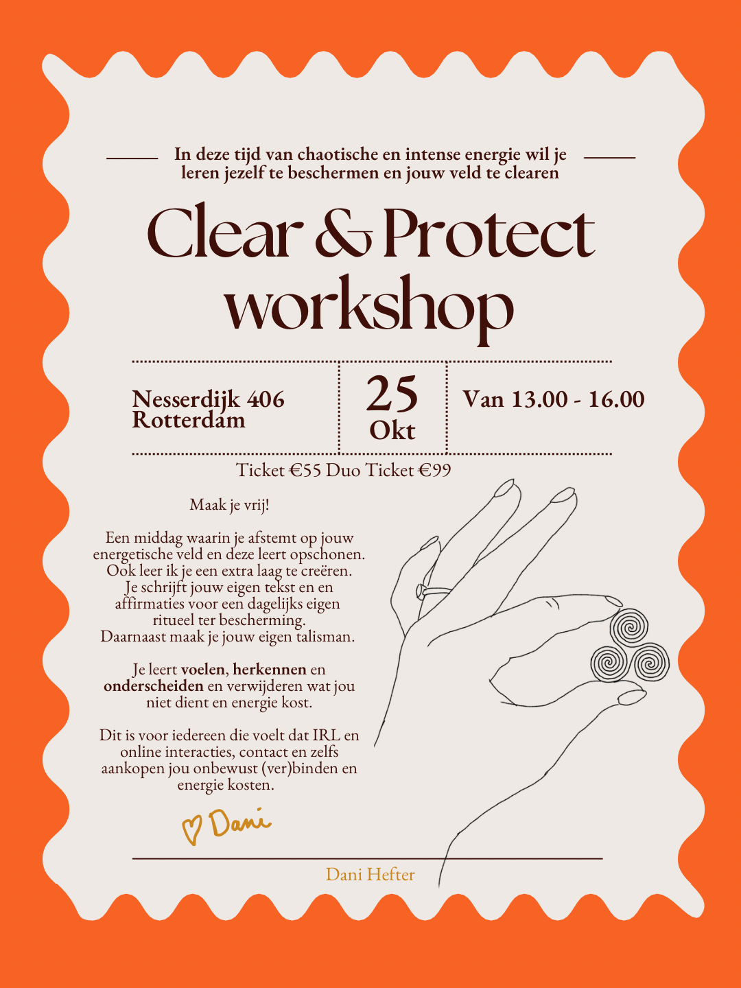 Een uitnodiging voor een workshop 'Clear & Protect' op 25 oktober in Rotterdam, met informatie over het doel van de workshop, tickets, tijd en locatie, en een lijntekening van een hand die een kristal vasthoudt.