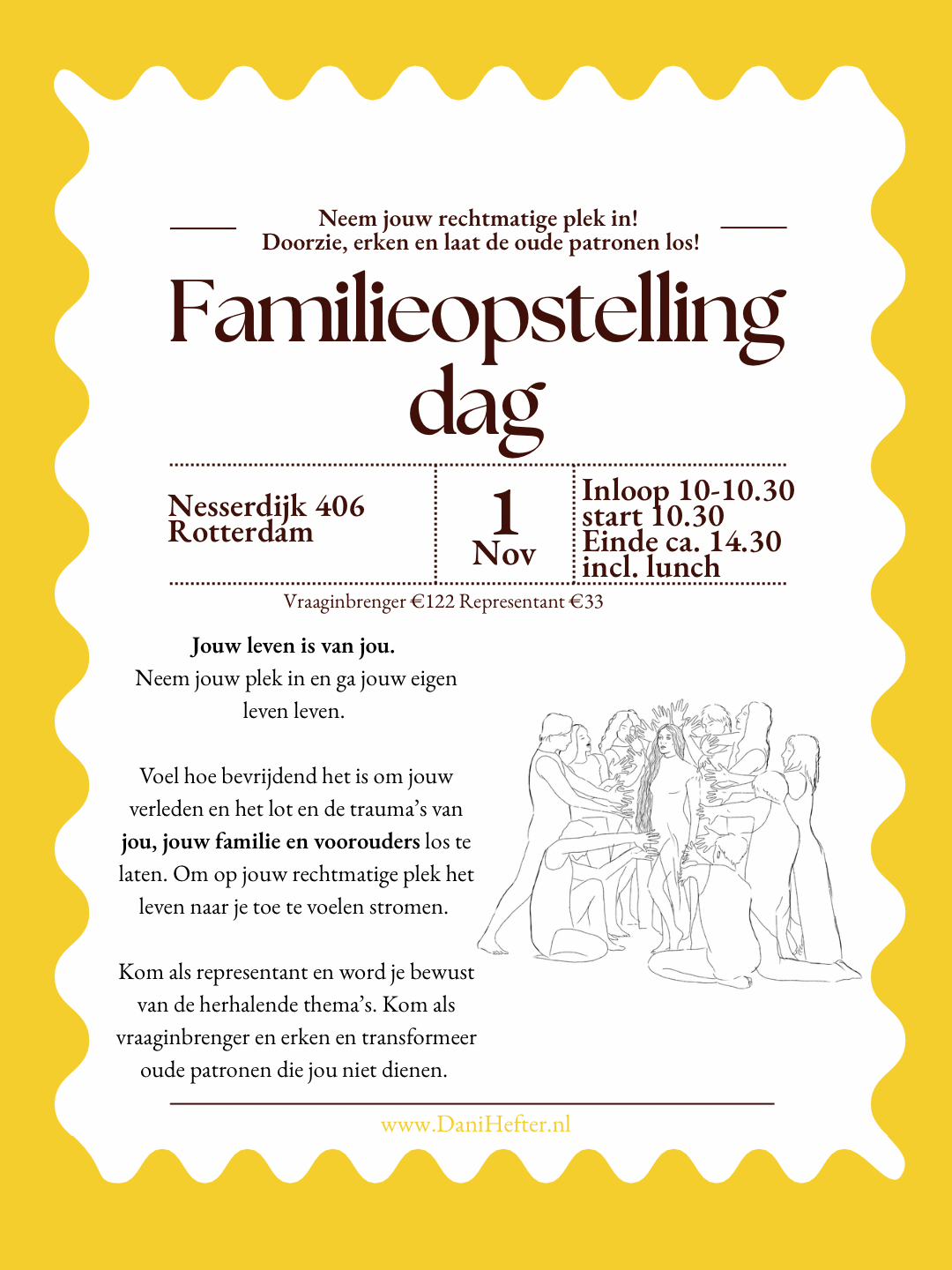 Een promotieposter voor een familietheater voorstelling met een schets van een familie die samen een dans of ritueel uitvoert. Geheel op een gele rand.