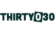Logo van Thirty/30 met tekst in donkerblauwe kleuren