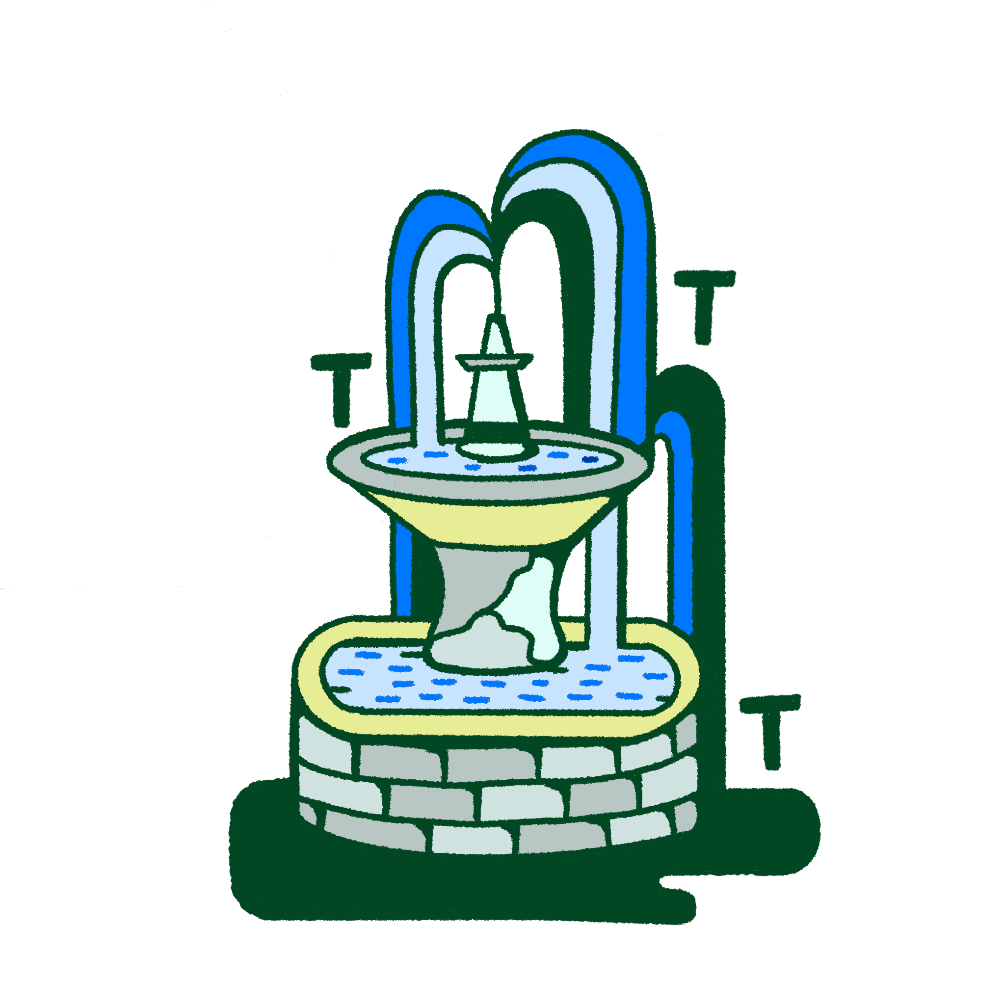 Een tekening van een waterspuwer die uit een fontein water spuwt, met een muur van stenen eromheen, en de tekst 'LEEUW' erboven.
