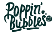 Het logo van Poppin' Bubbles in donkerblauwe tekst op een witte achtergrond.