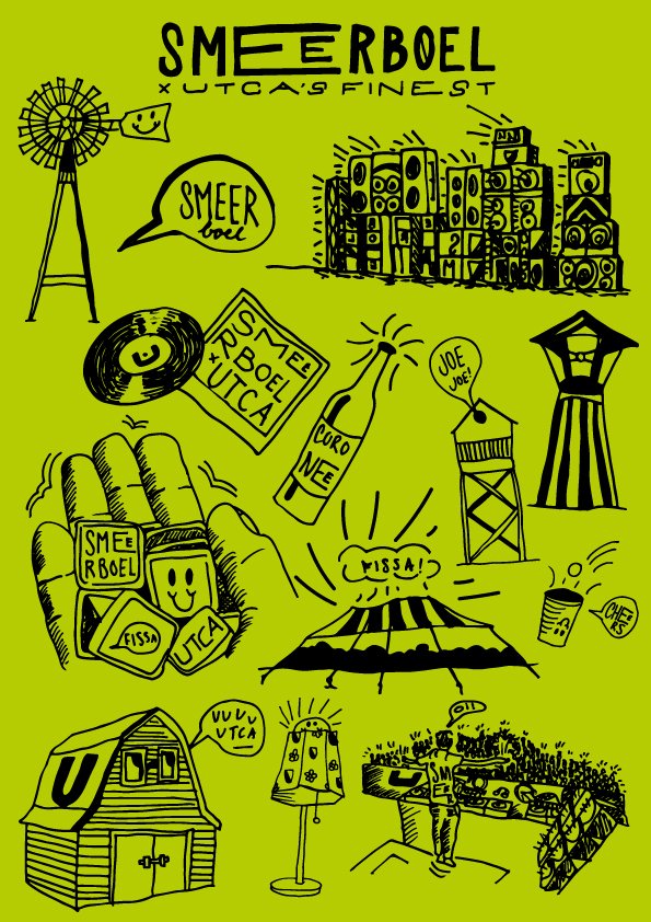 Doodle-tekening met diverse elementen zoals een windmolen, een groep speakers, een vinylplaat, een fles frisdrank, een toren, een huis met een U-bord, een lamp, een markt met mensen en planten, en verschillende teksten zoals 'Smeerboel', 'Joe Joe!', 