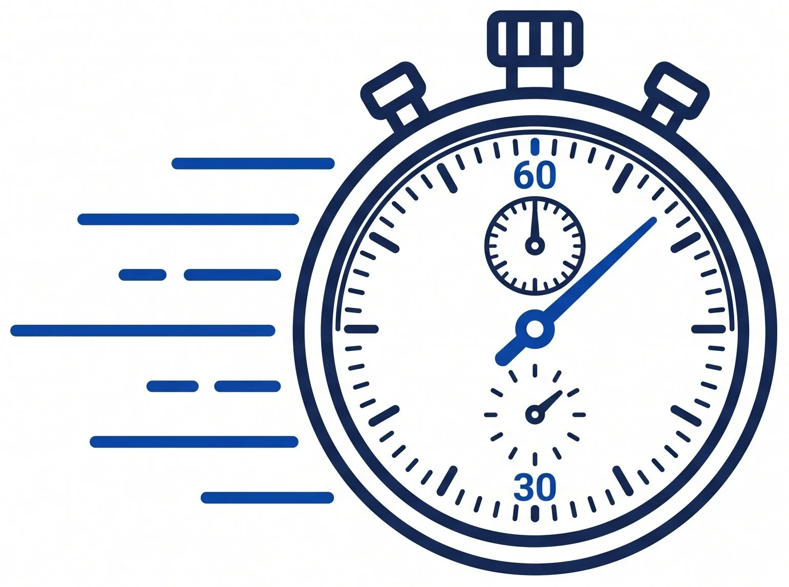 Een stopklok met snel bewegende lijnen die snelheid aangeven, en de klok toont ongeveer 15 seconden.
