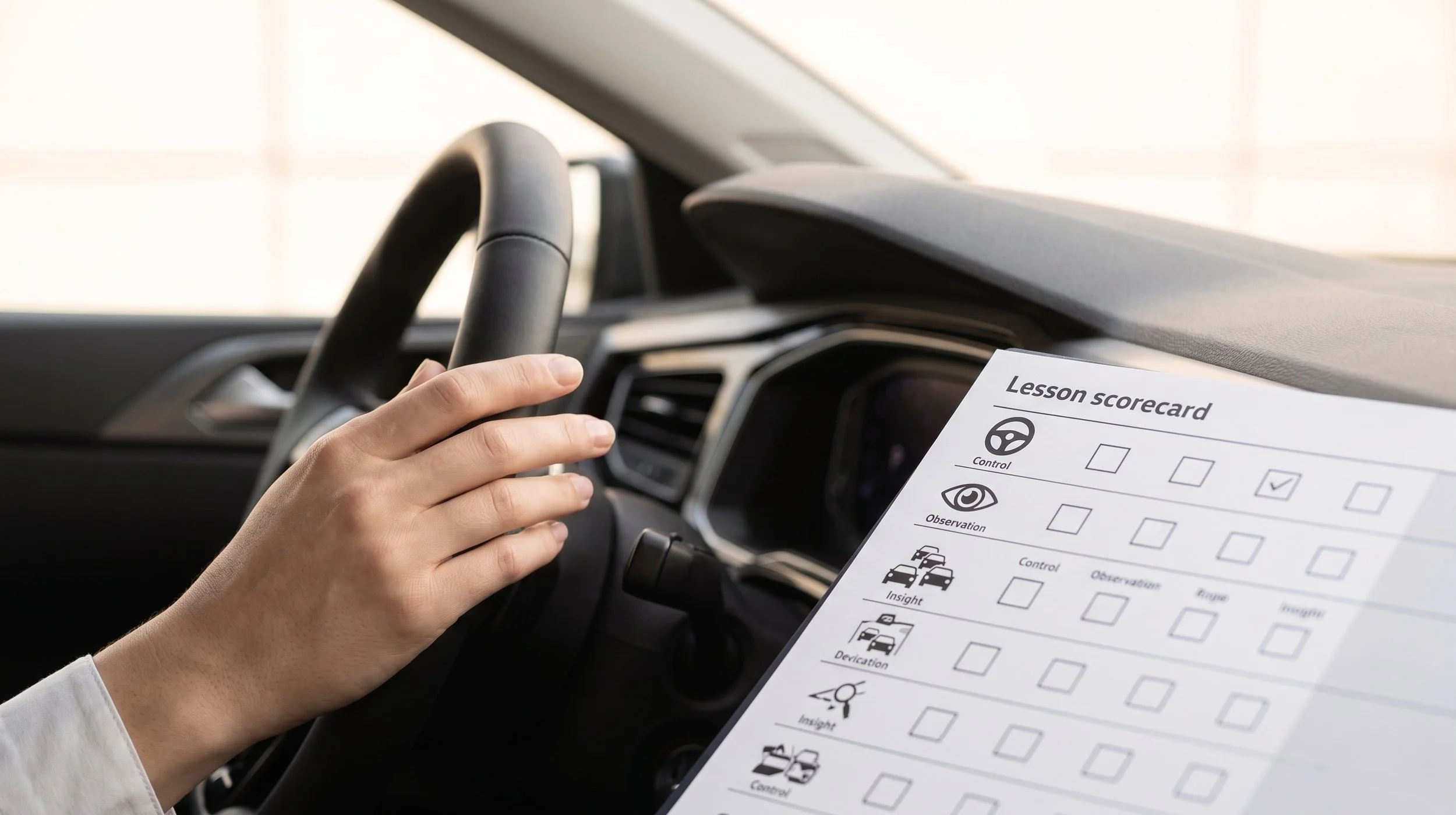 Binnen in een auto, met een hand die het stuur vasthoudt en een lessenkaart op de passagiersstoel.