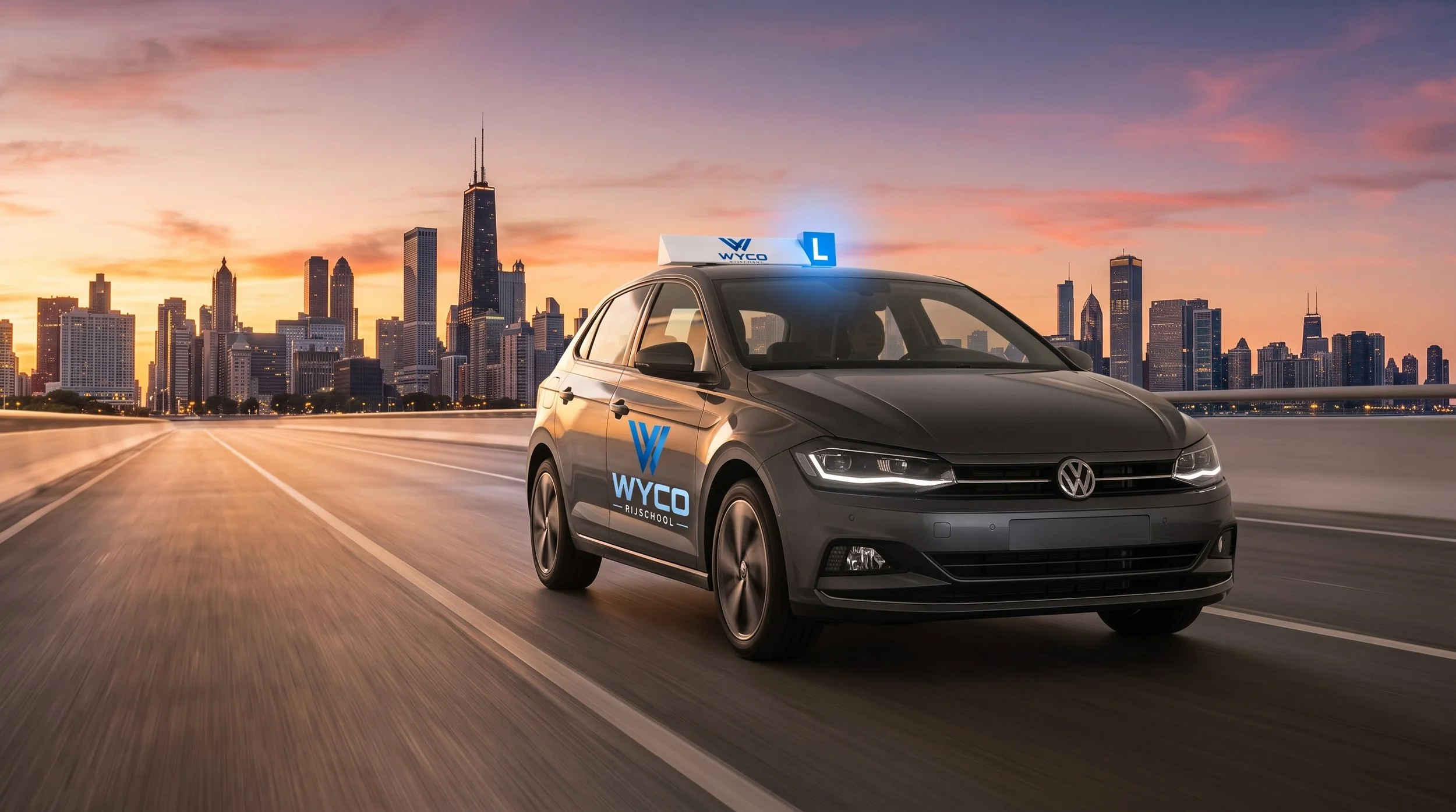 Een zwarte Volkswagen auto rijdt over een snelweg met de skyline van Chicago op de achtergrond bij zonsondergang. De auto heeft branding van WYCO Rijschool.
