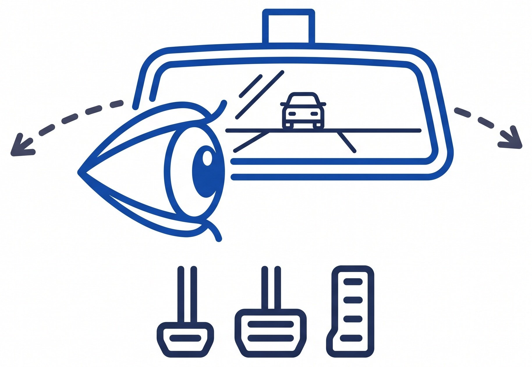 Schematisch overzicht van een spiegel met een weergave van een auto, verkeerslijnen op de weg, en verschillende soortelijke gereedschappen zoals een beitel, vork, en meetlint onderaan.