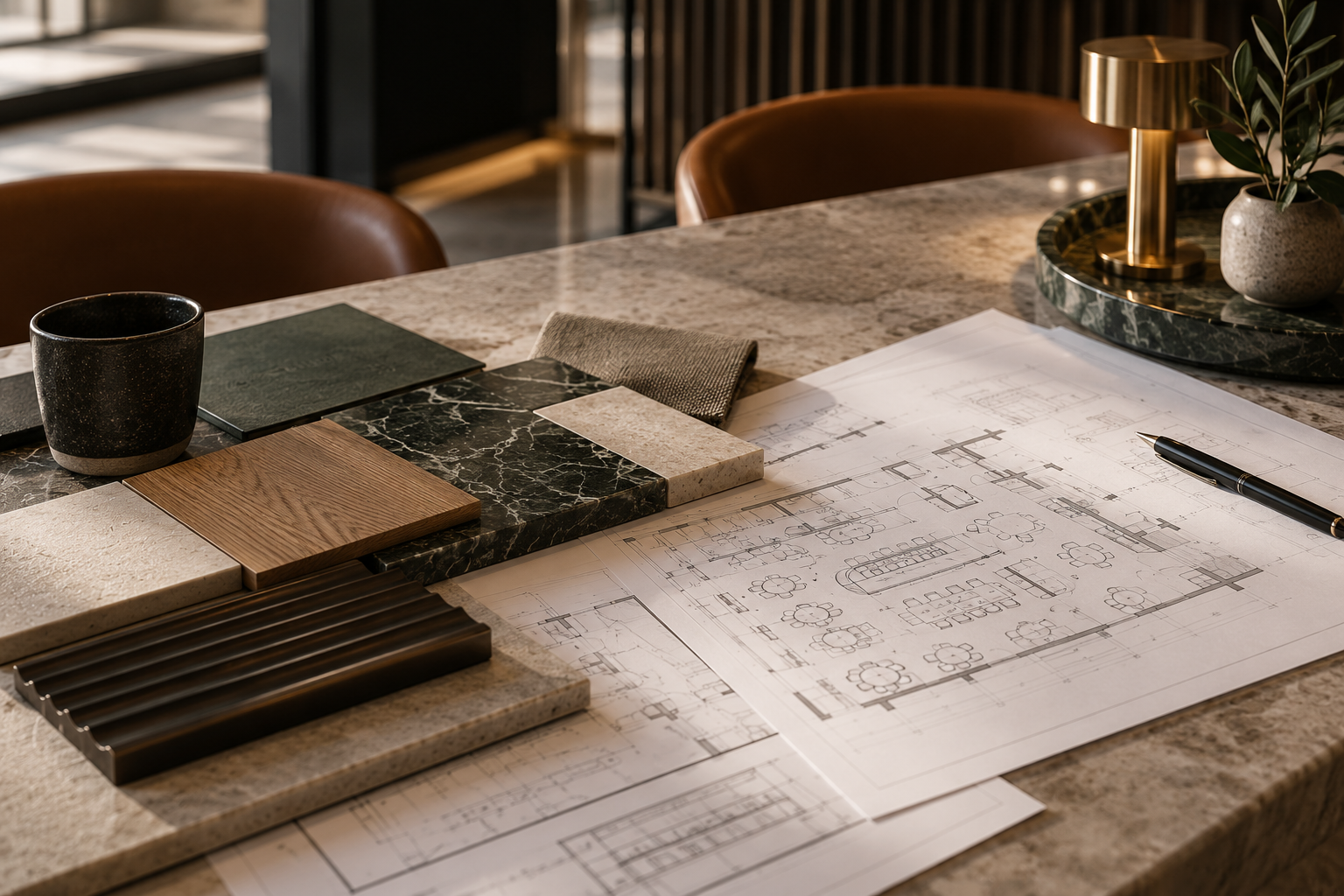 A marble-topped table with architectural blueprints, samples of wood and stone, a notebook, a pen, and a small tray with a potted plant and a gold lamp.