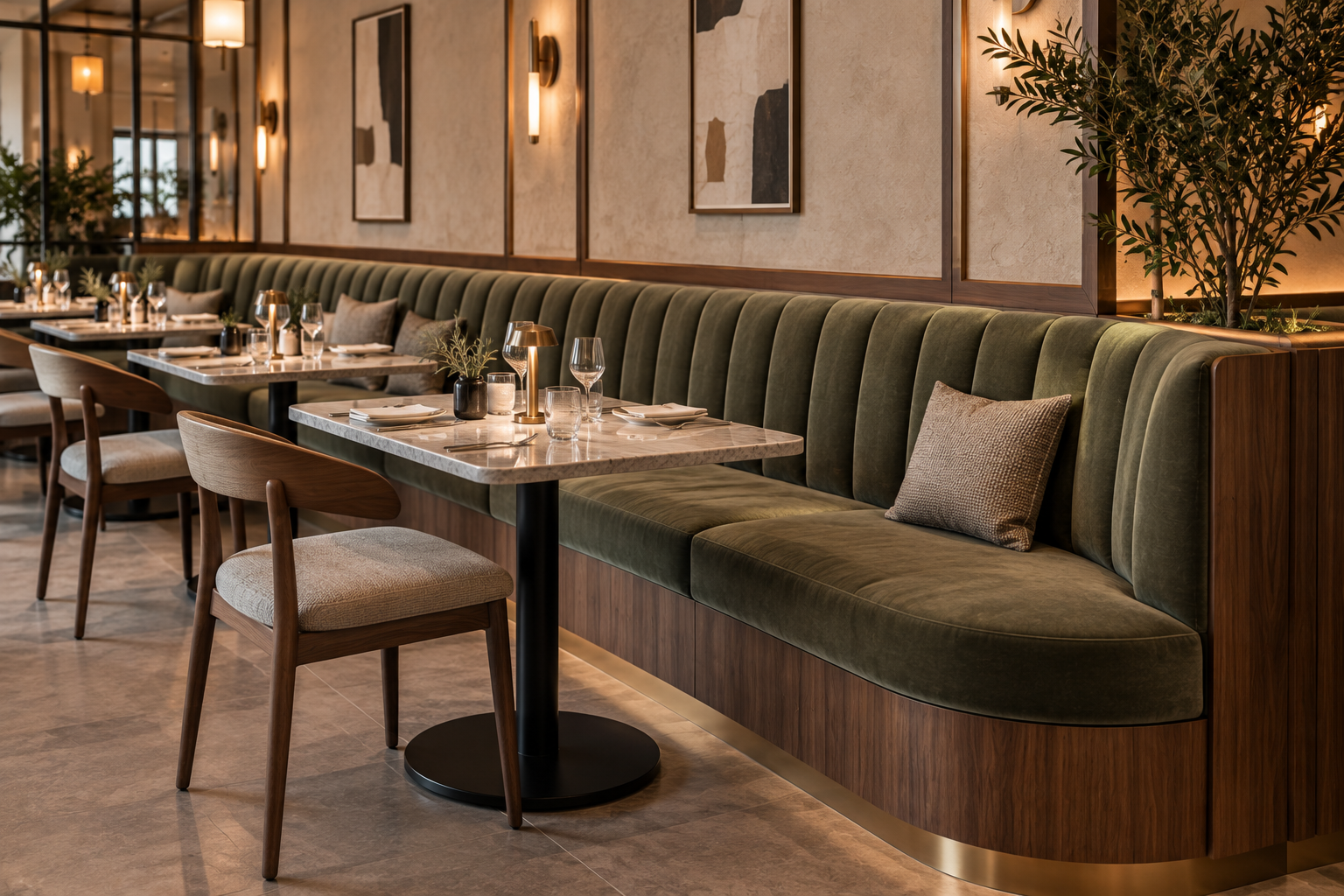 Restaurant interior with green velvet banquette seating, marble-topped tables set with glassware and cutlery, and modern wall art.