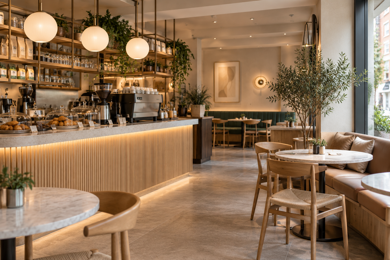 Modern coffee shop interior with light wood furniture, marble tables, a marble coffee counter with pastries under glass domes, hanging globe lights, plants, and large windows letting in natural light.