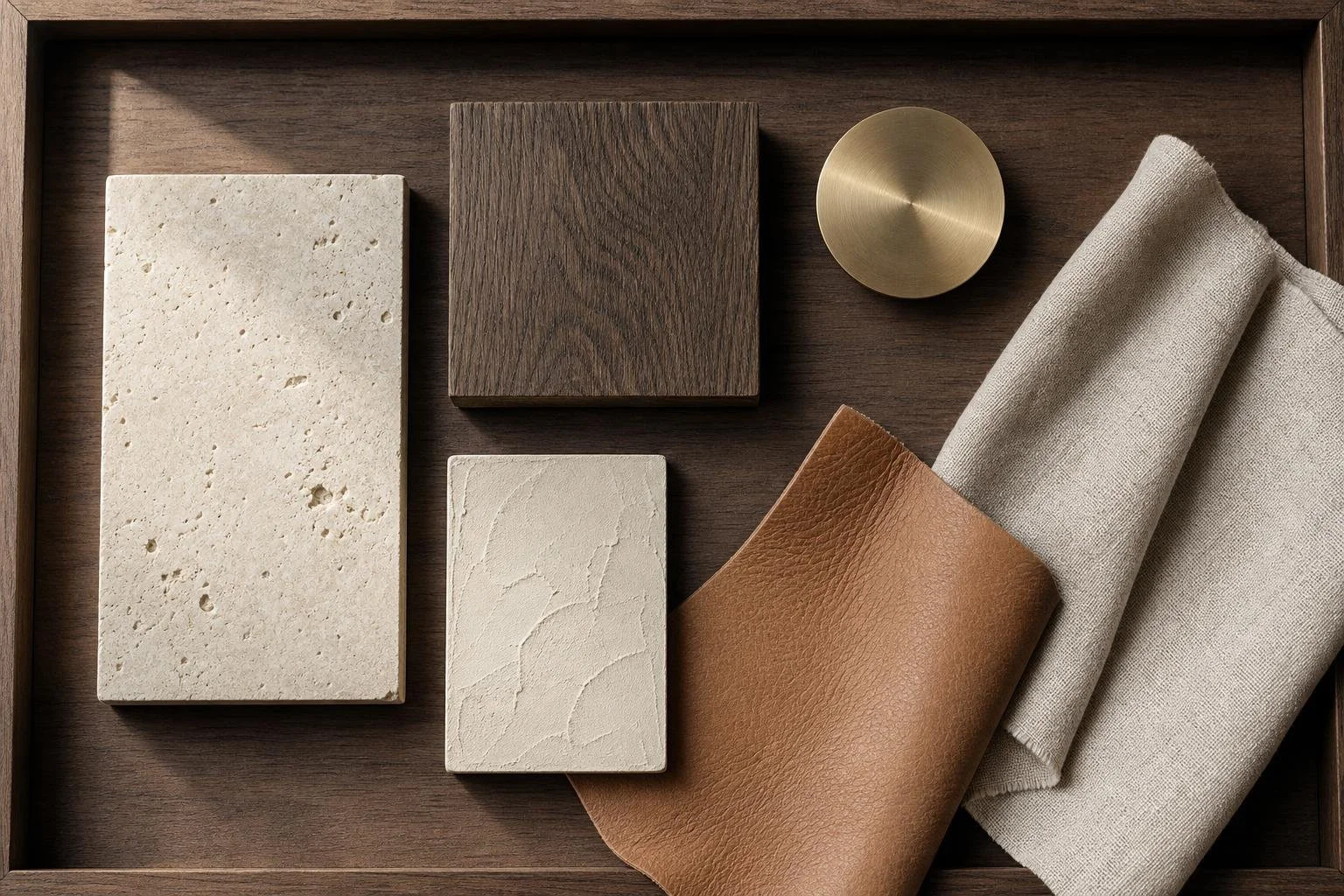 A wooden tray containing various material samples including a large cream-colored textured stone, a white cracked plaster, a small brown square wood, a round brass disc, a rolled beige fabric, and a rolled brown leather.