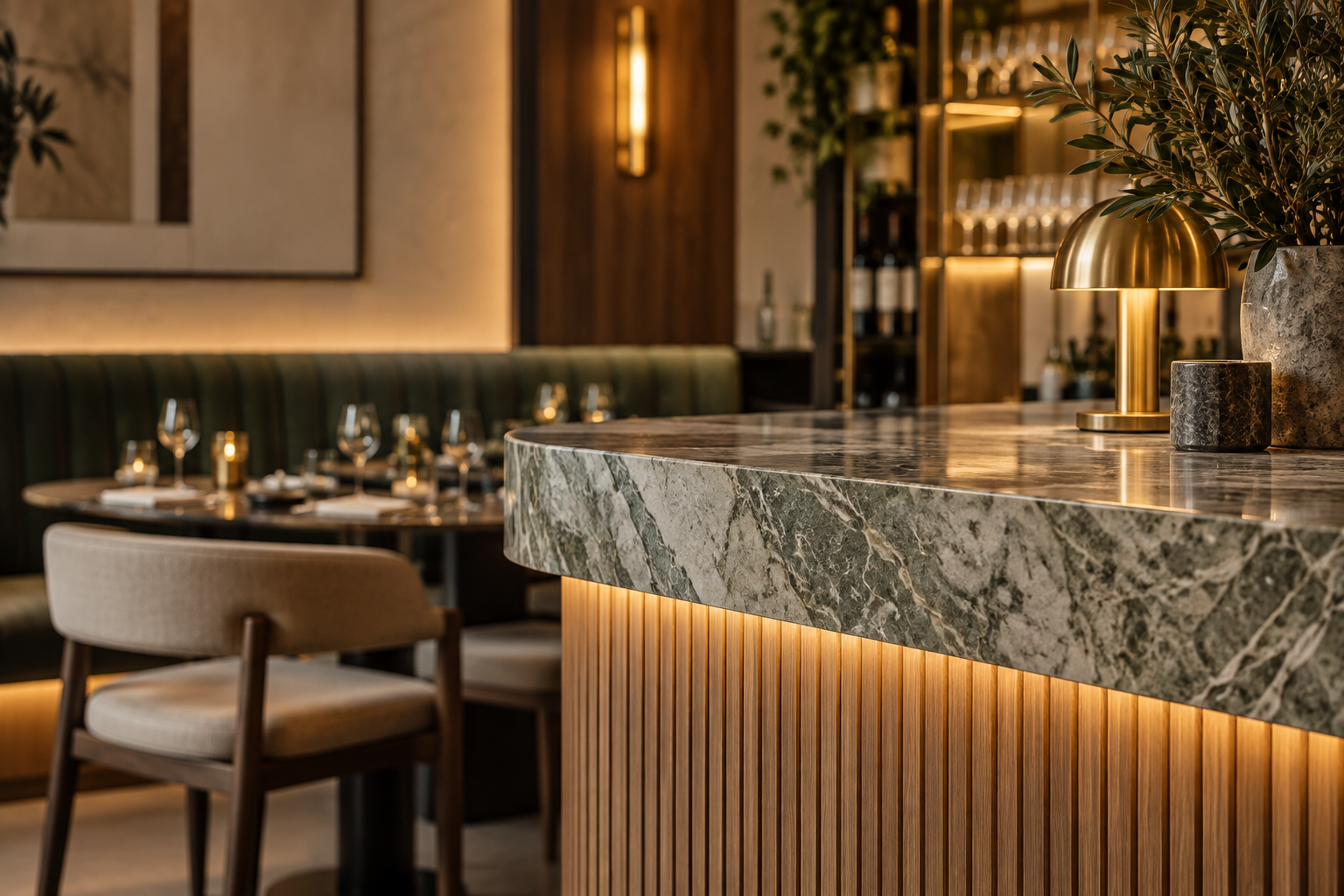 Elegant restaurant interior featuring a marble-topped bar with a gold lamp and potted plant, with a dining table set with wine glasses and candles in the background.