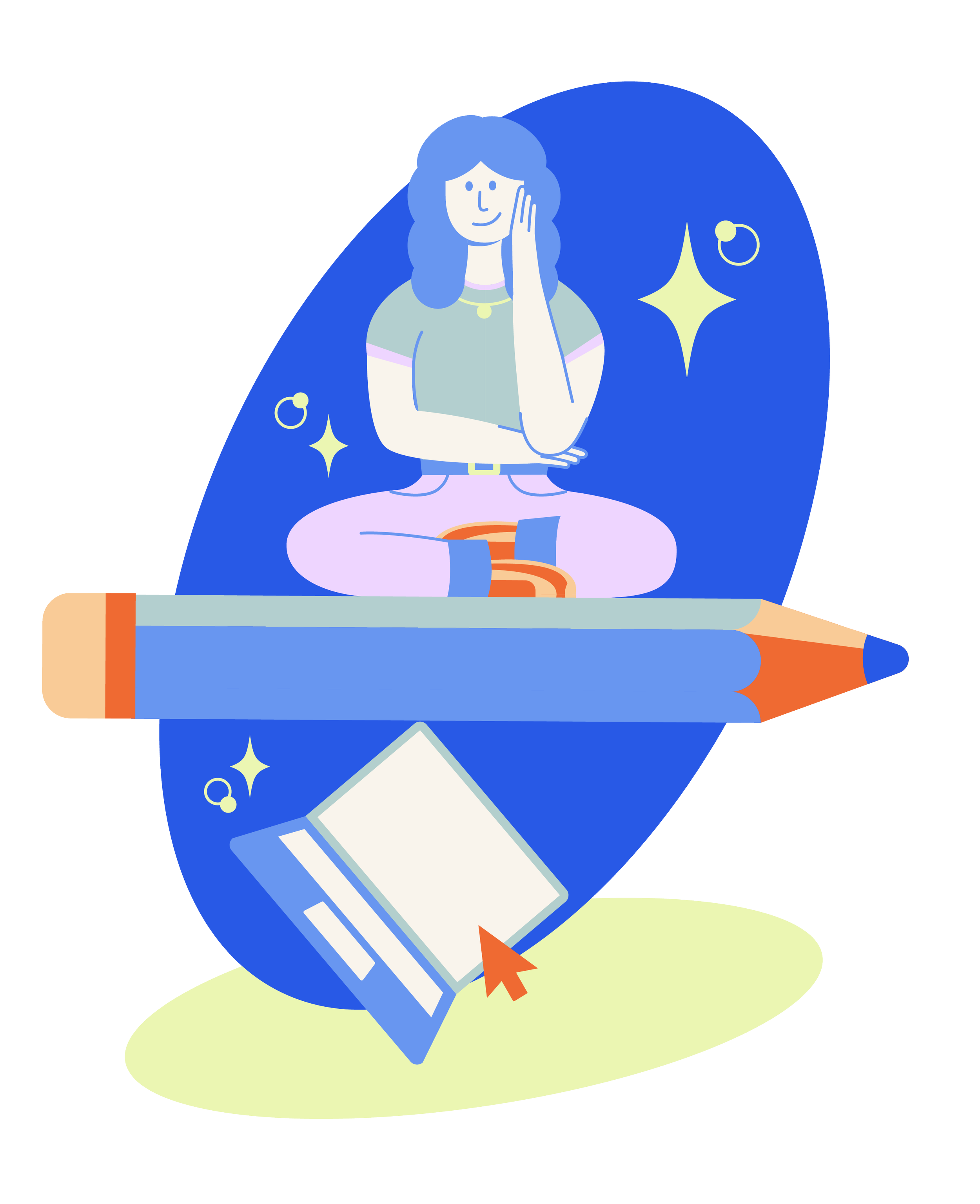 A woman with blue hair and a neutral expression, wearing a shirt with pink trim, is sitting cross-legged. There are star-shaped sparkles and small circles around her head, on a yellow background.