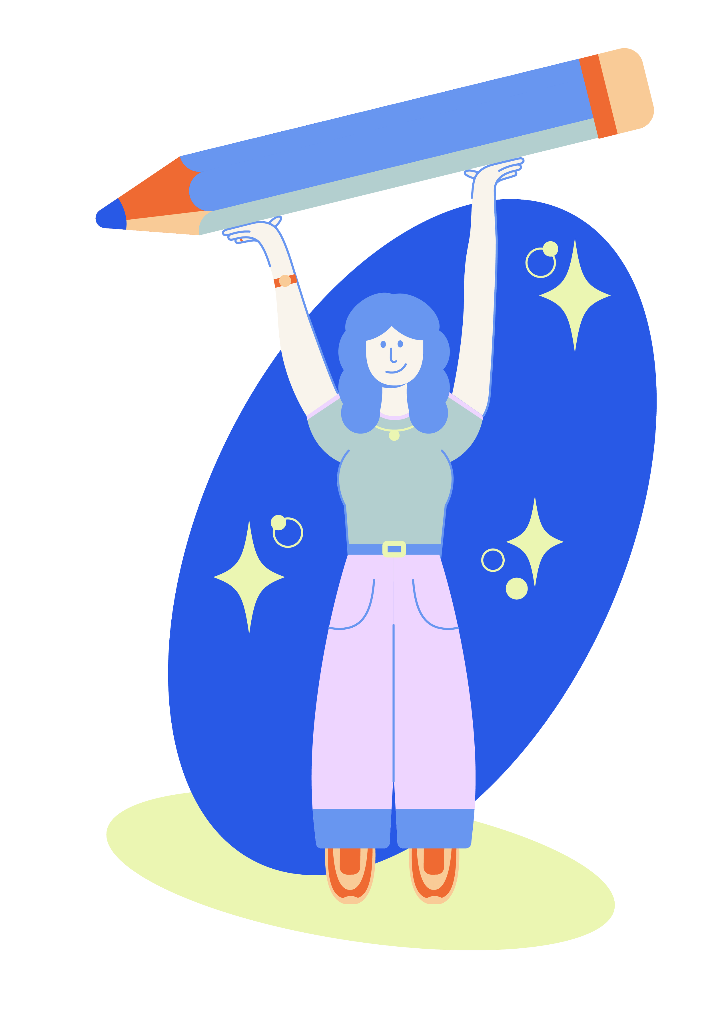A stylized illustration of a woman with blue hair, standing on a yellow circle. She is holding a large blue pencil above her head with both hands. There are sparkles and rings around her, and a large blue shape behind her.
