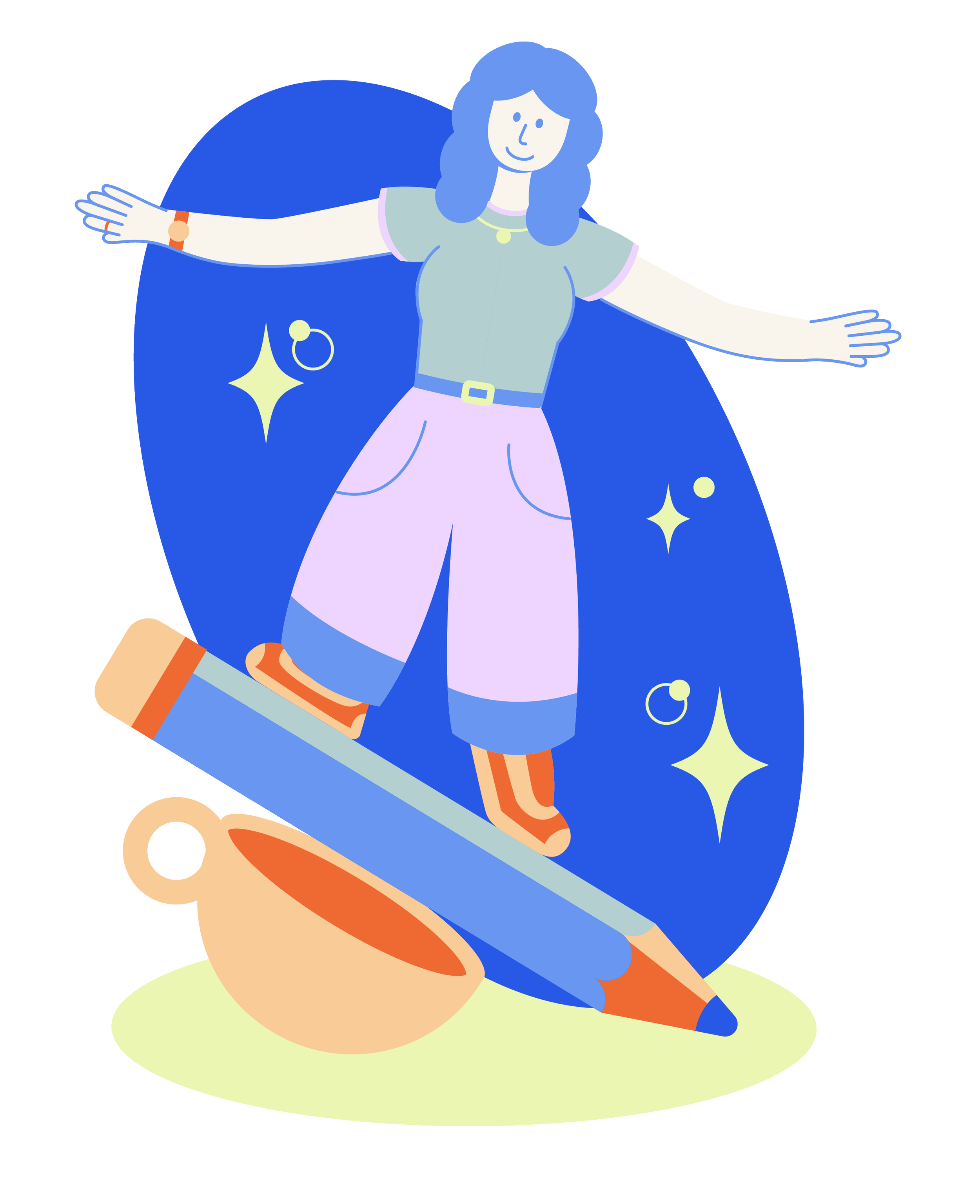 Illustration of a woman balancing on a large pencil, wearing a light blue shirt, purple pants, and orange shoes, with a large blue shape behind her. The illustration is decorated with stars and circles.