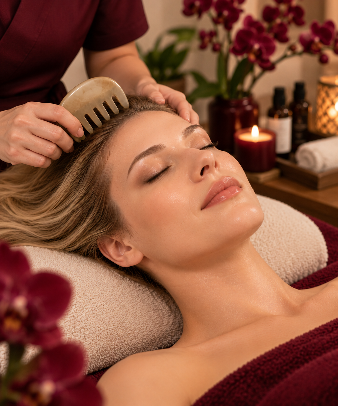 Woman receiving a relaxing scalp treatment with a traditional horn comb