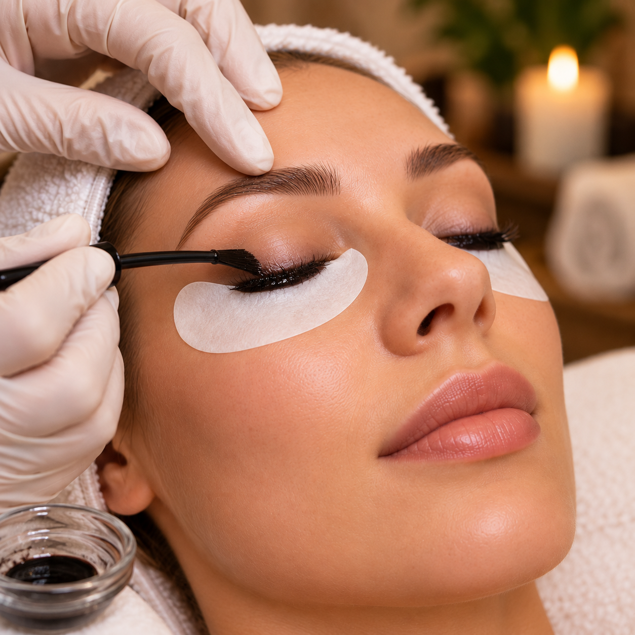 Woman receiving a professional lash tint treatment