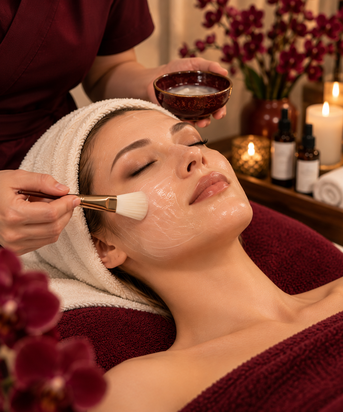 Woman receiving a facial treatment with a nourishing face mask.